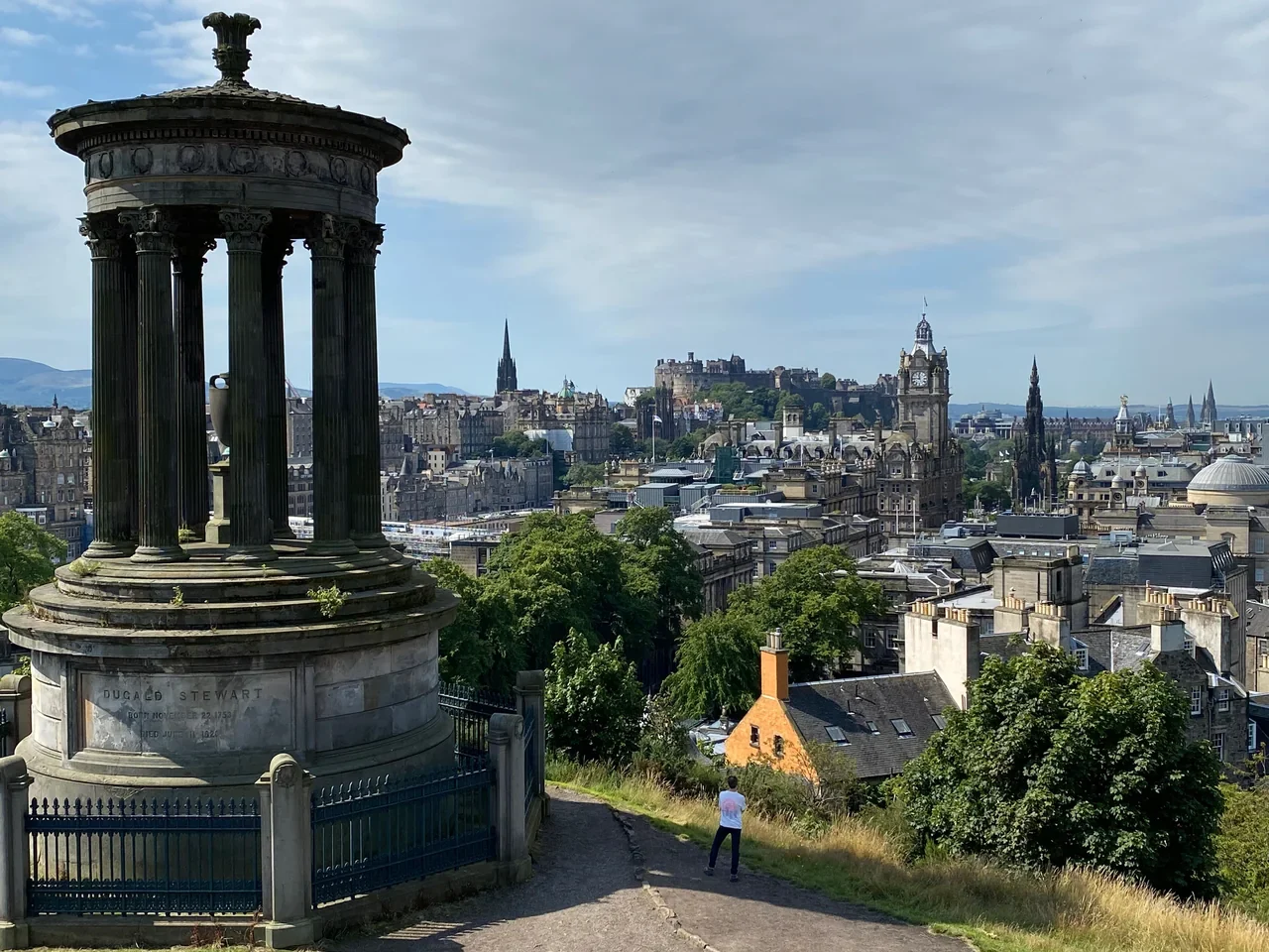 Dugald Stewart Monument and Edinburgh skyline seen from Calton Hill