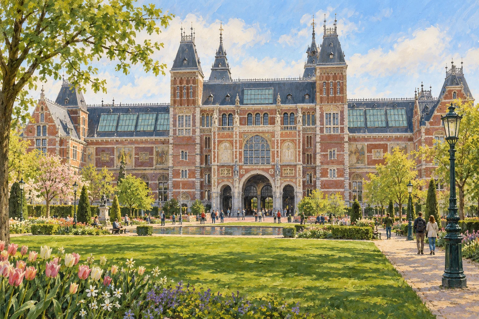 Rijksmuseum'un kırmızı tuğlalı tarihî cephesinden ilham alan Amsterdam illüstrasyonu.