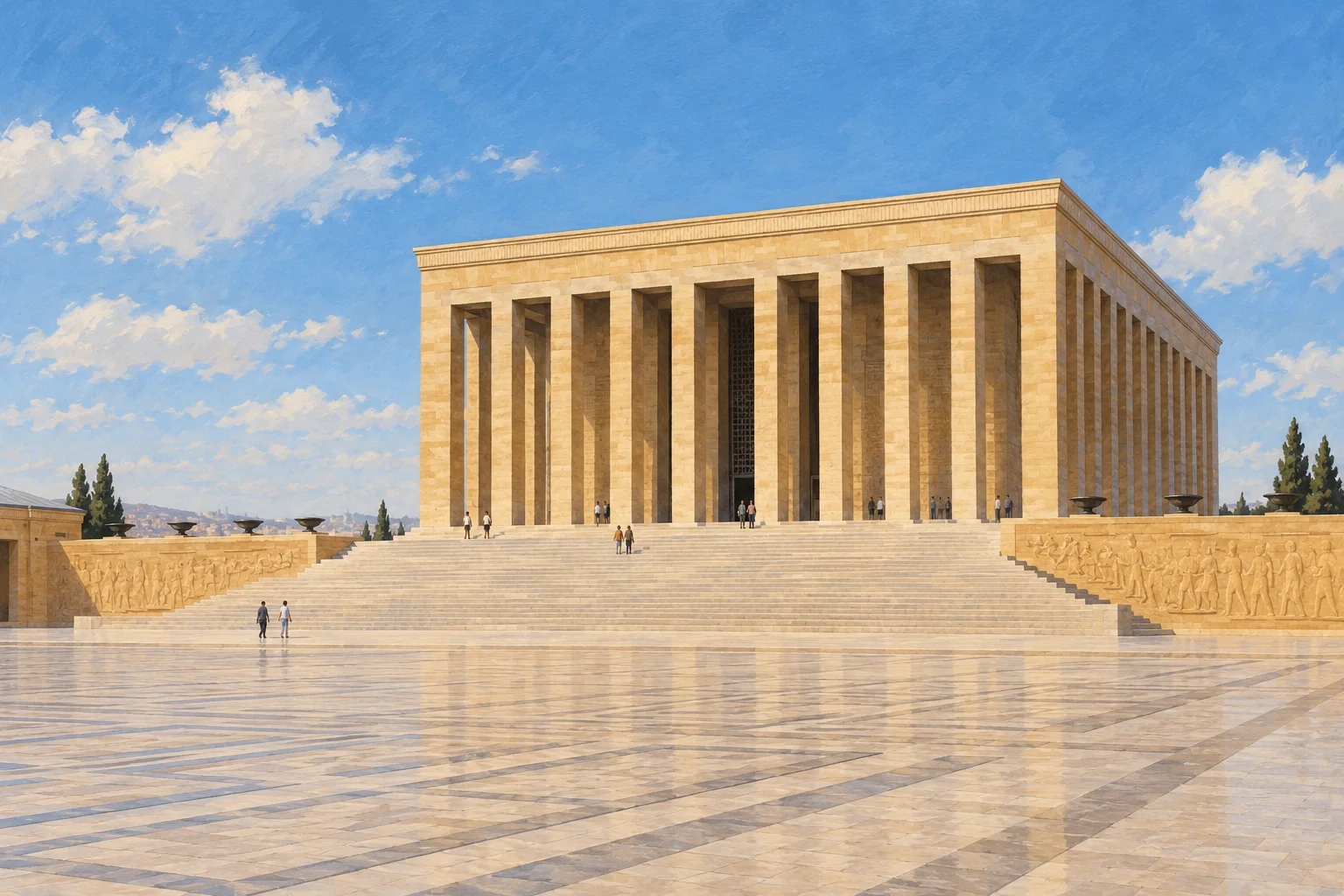 Ankara illustration inspired by Anıtkabir's colonnaded mausoleum and ceremonial plaza.