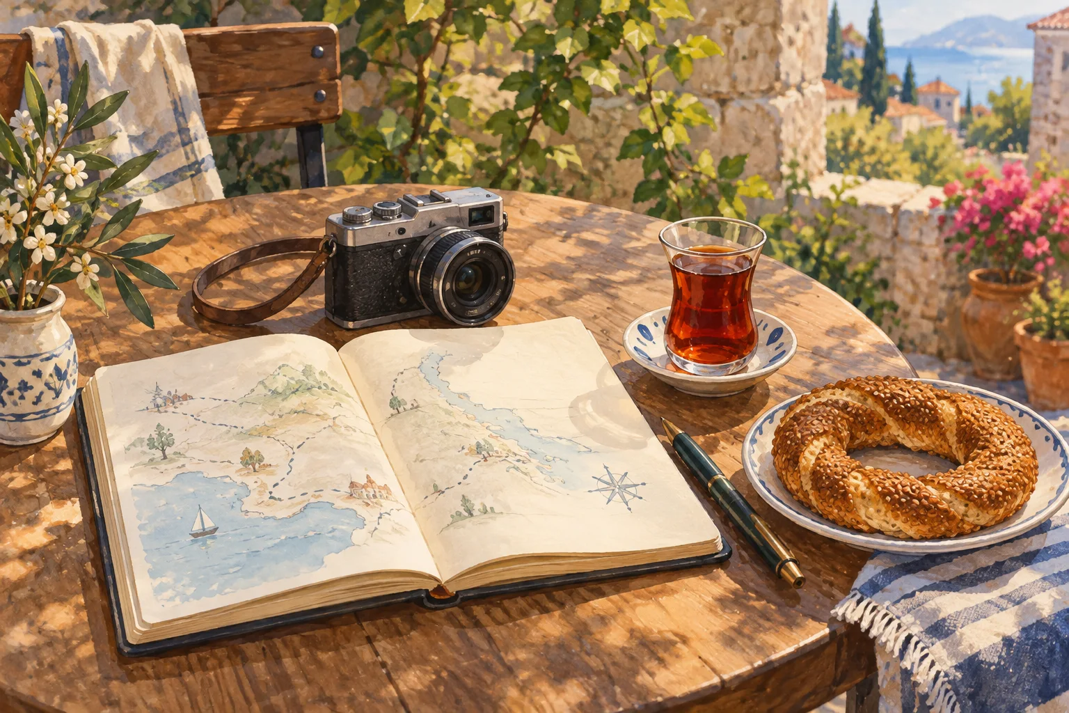 Illustration of a travel notebook, camera and tea, suggesting a pause while planning an Ankara route.