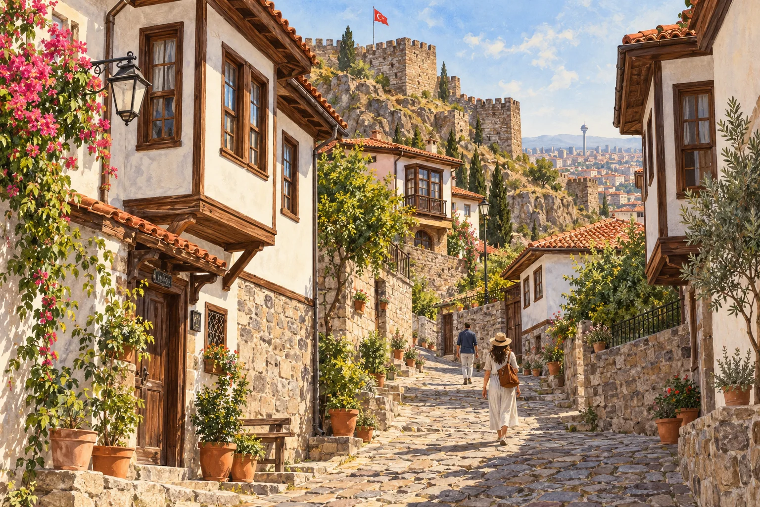 Illustration of traditional houses and stone walls inspired by the Ankara Castle neighbourhood.