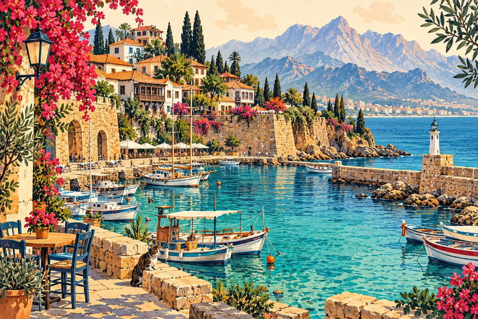 Kaleiçi evleri, tekneler ve turkuaz denizle Antalya temalı liman illüstrasyonu.