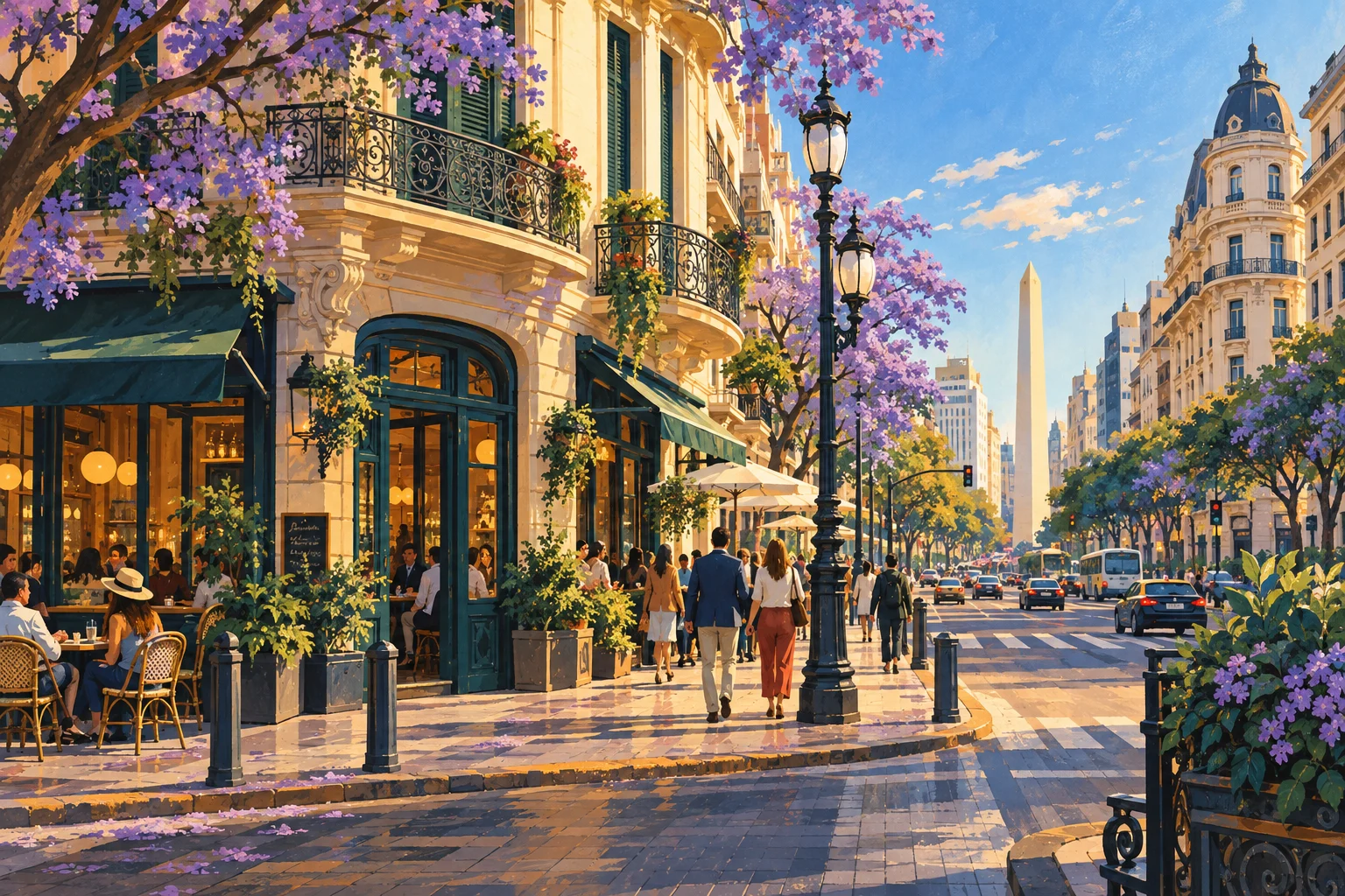 Balkonlu binalar, çiçekli ağaçlar ve uzaktaki Obelisco ile Buenos Aires illüstrasyonu.