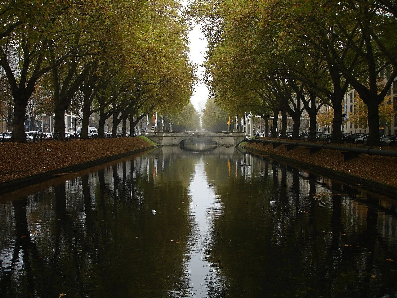 Trees and a bridge reflected in Düsseldorf’s Königsallee canal, photographed in November 2010.