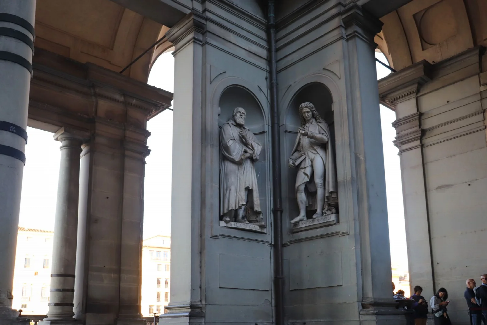Sculptures and architectural details outside the Uffizi Gallery in Florence