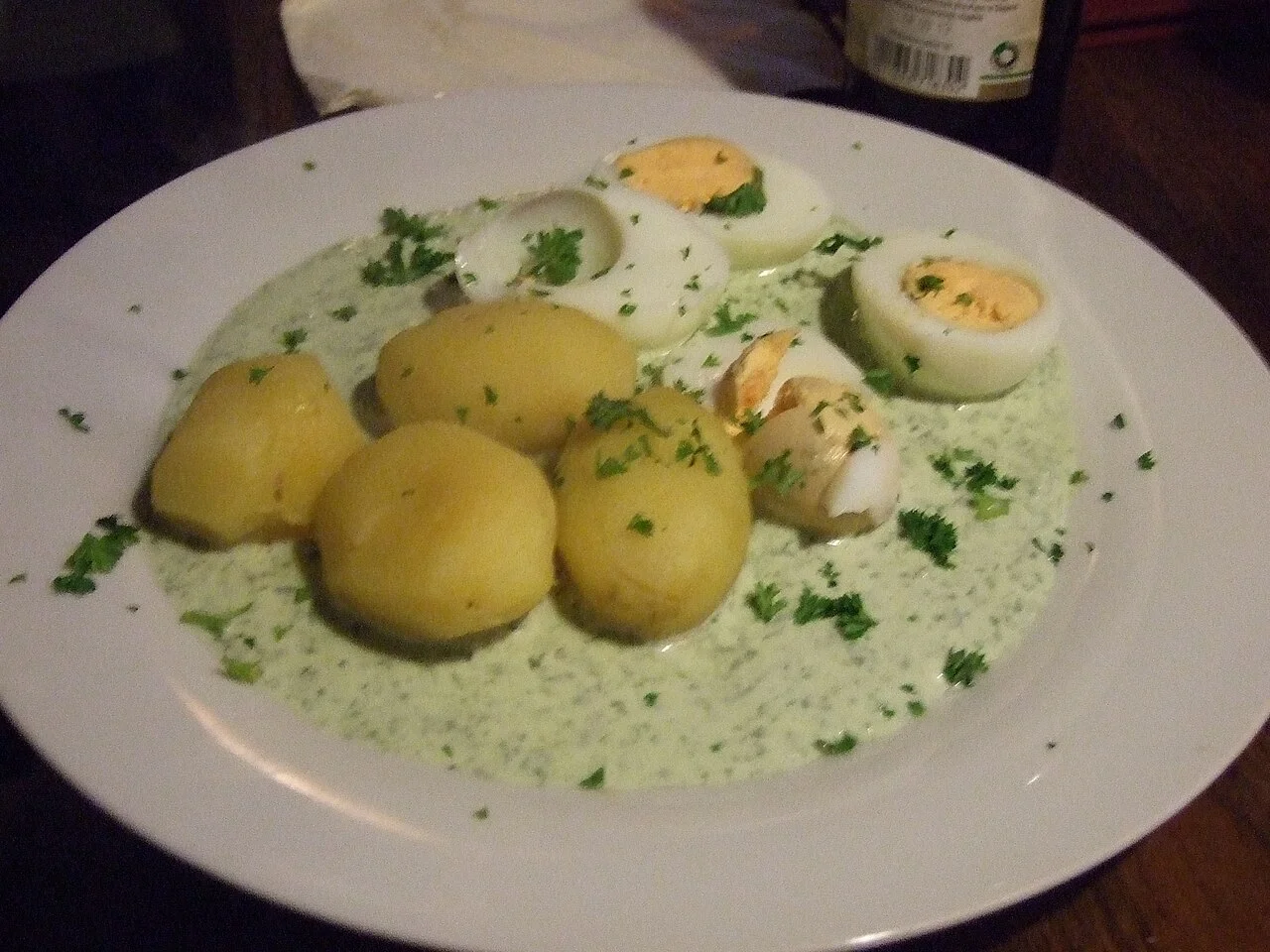 Eggs and potatoes served with Frankfurter Grüne Soße, photographed in May 2013.