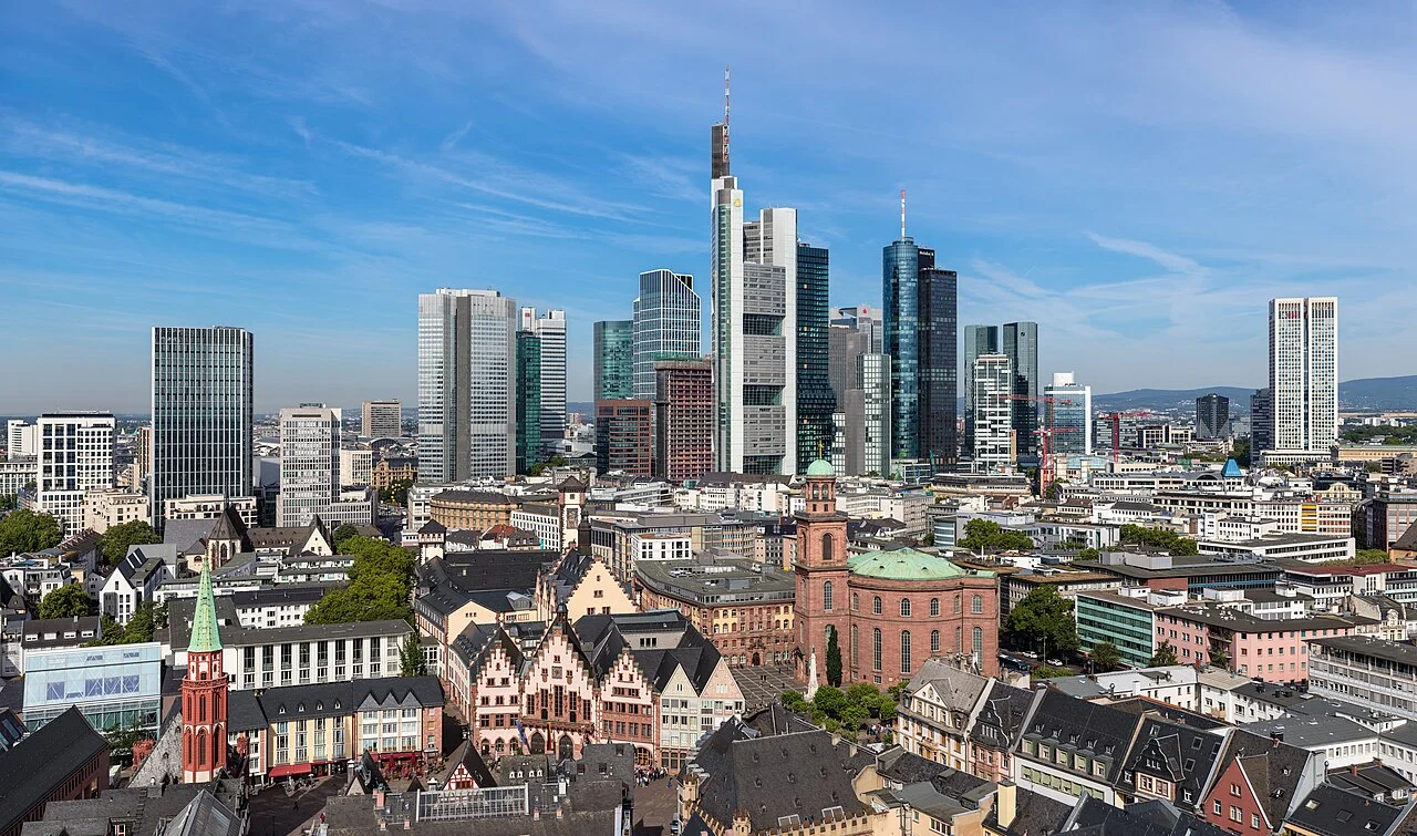 Frankfurt’s Old Town and skyline seen from the cathedral tower in a stitched panorama photographed in 2019.
