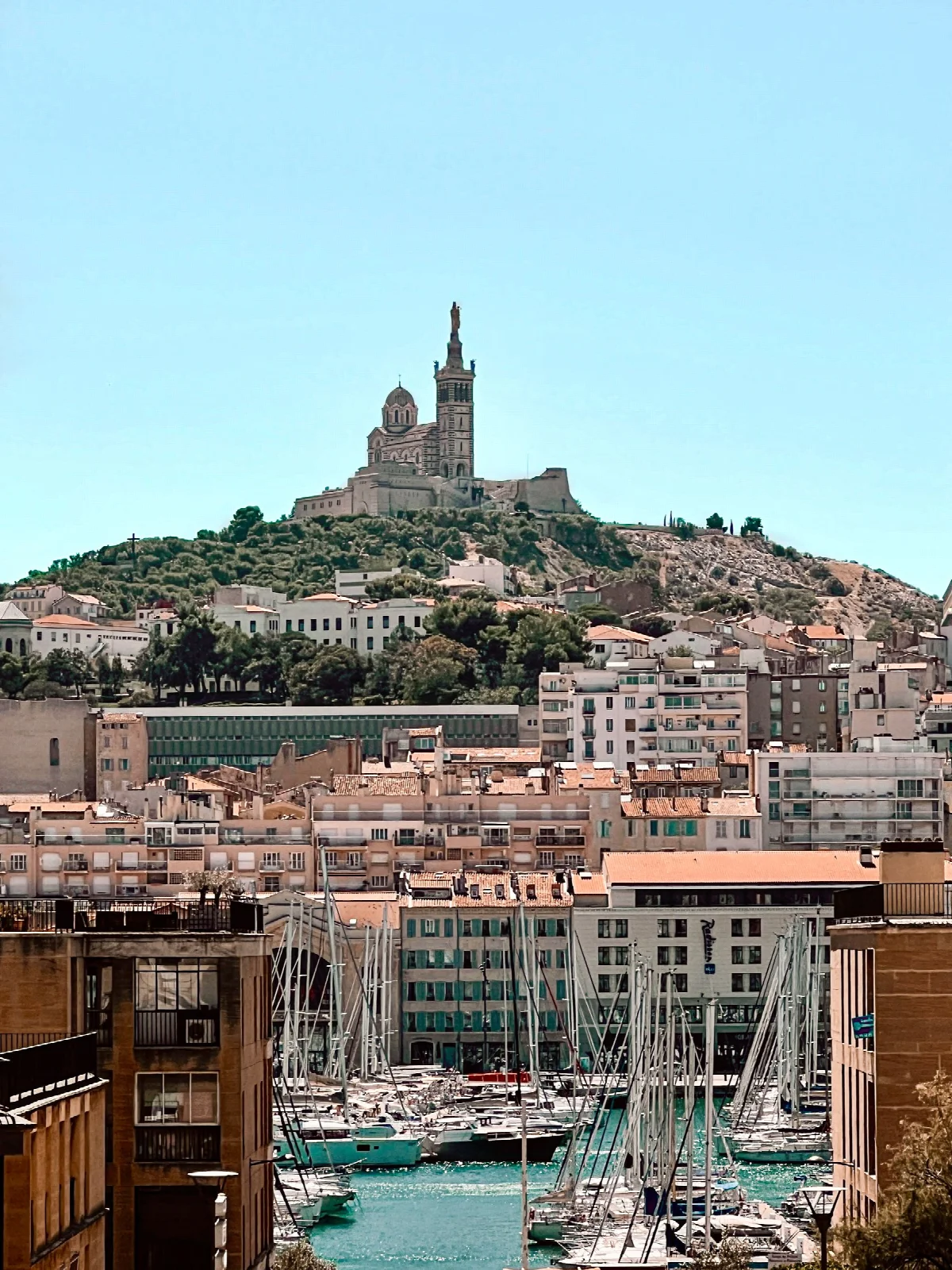 A view from Marseille harbour towards the hill of Notre-Dame de la Garde