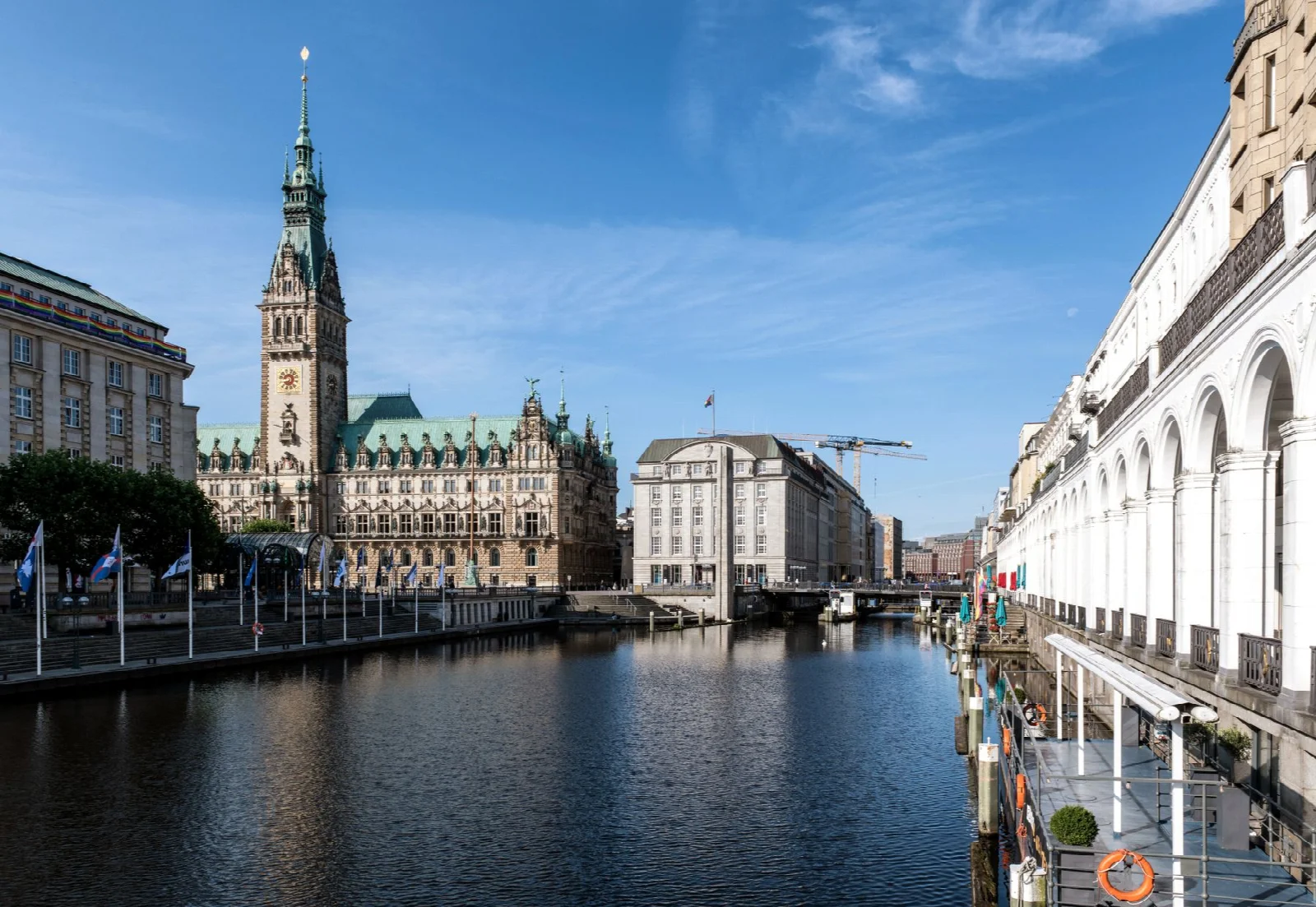Hamburg Town Hall and historic facades beside the canal