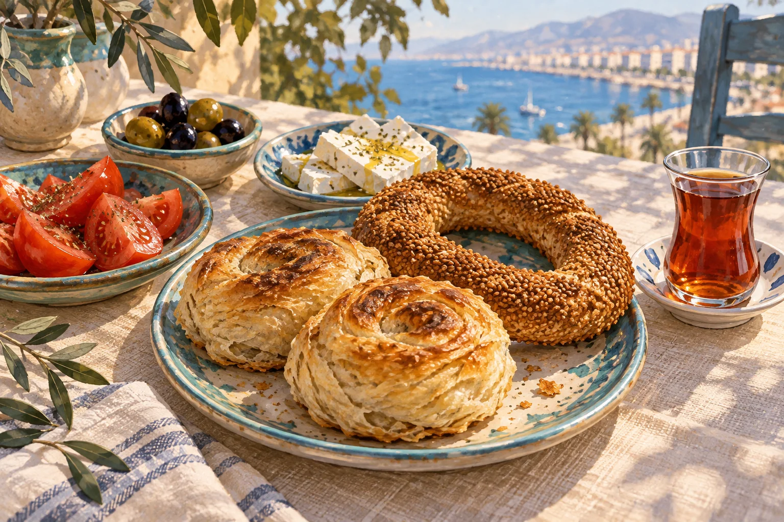 Breakfast illustration inspired by İzmir, with flaky boyoz, sesame-covered gevrek and tea.