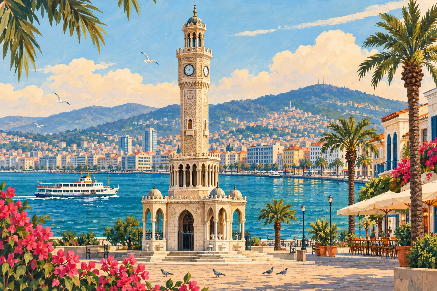 İzmir-inspired illustration with a clock tower, ferry and bay.