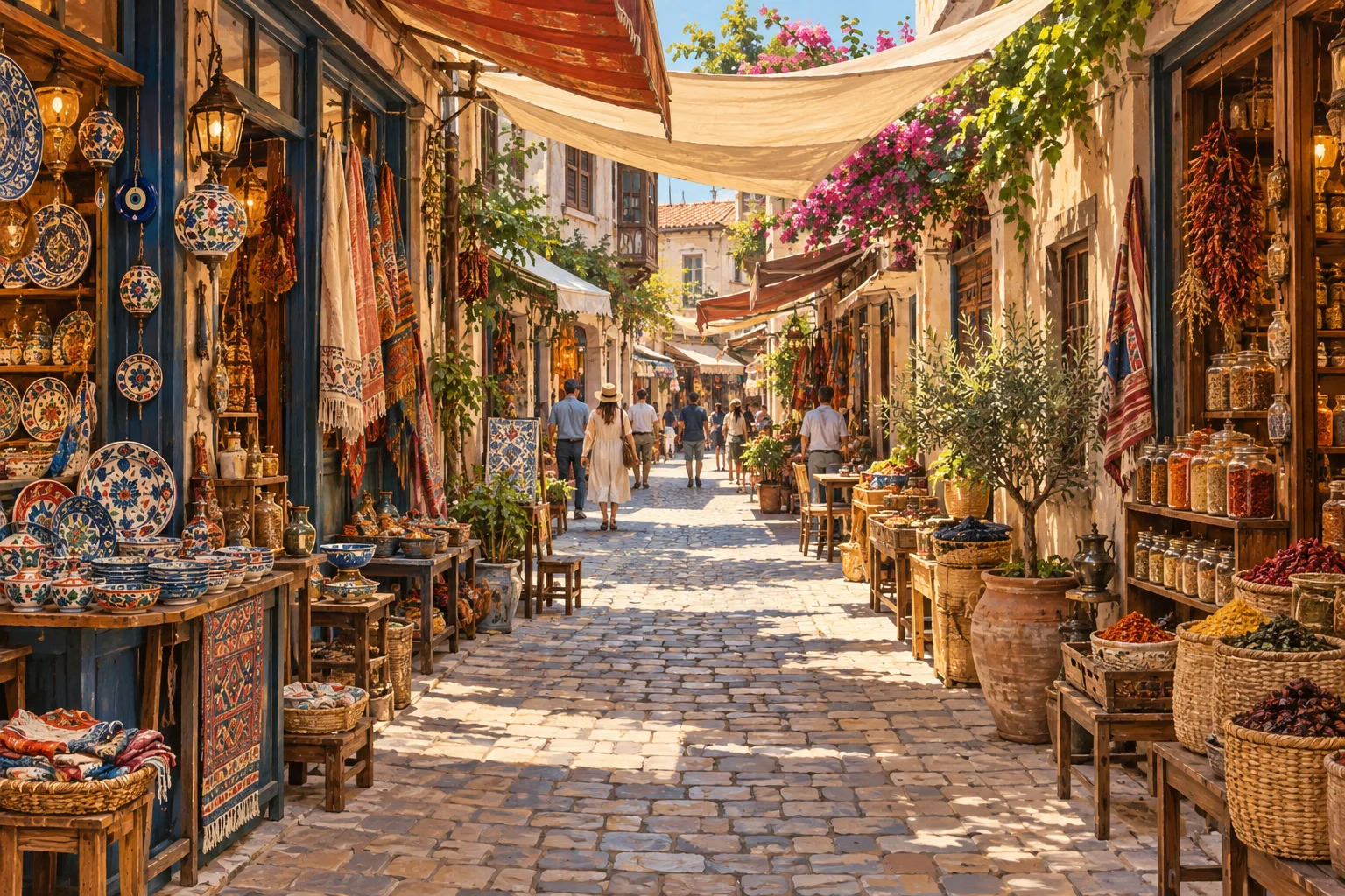 İzmir illustration inspired by Kemeraltı's shaded market lanes and small shops.