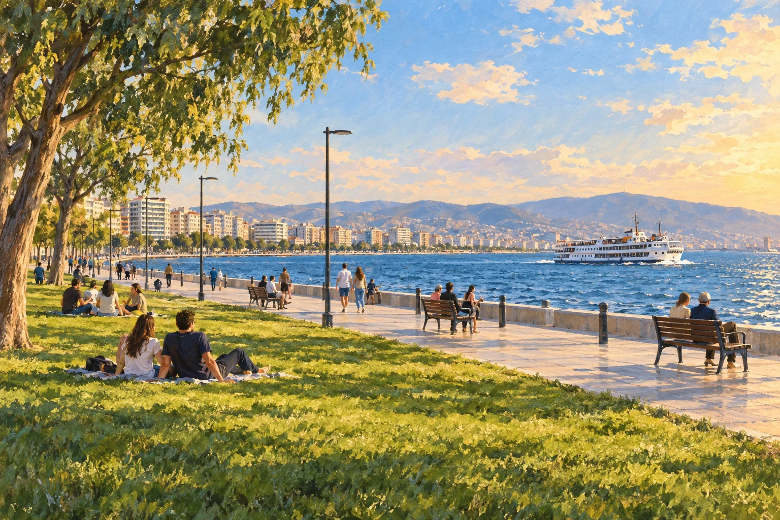 Illustration of Kordon's lawns and promenade with a passenger ferry on İzmir Bay.