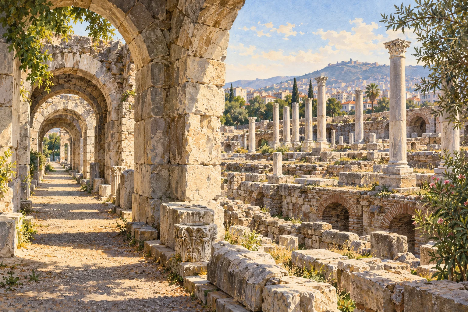 Illustration inspired by the stone arches and archaeological remains of Smyrna Agora.