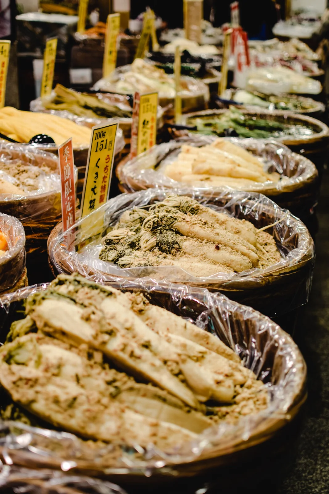 Pickled vegetables displayed at a stall in Kyoto Nishiki Market