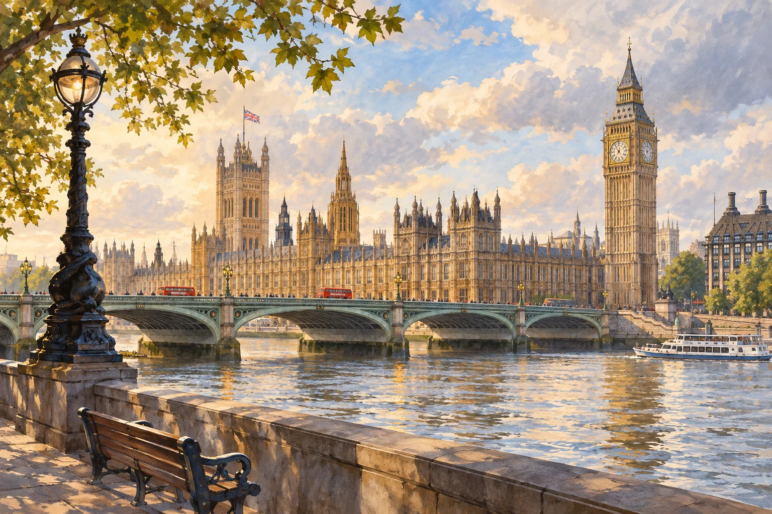 London illustration inspired by the Thames, Westminster Bridge and the Houses of Parliament.