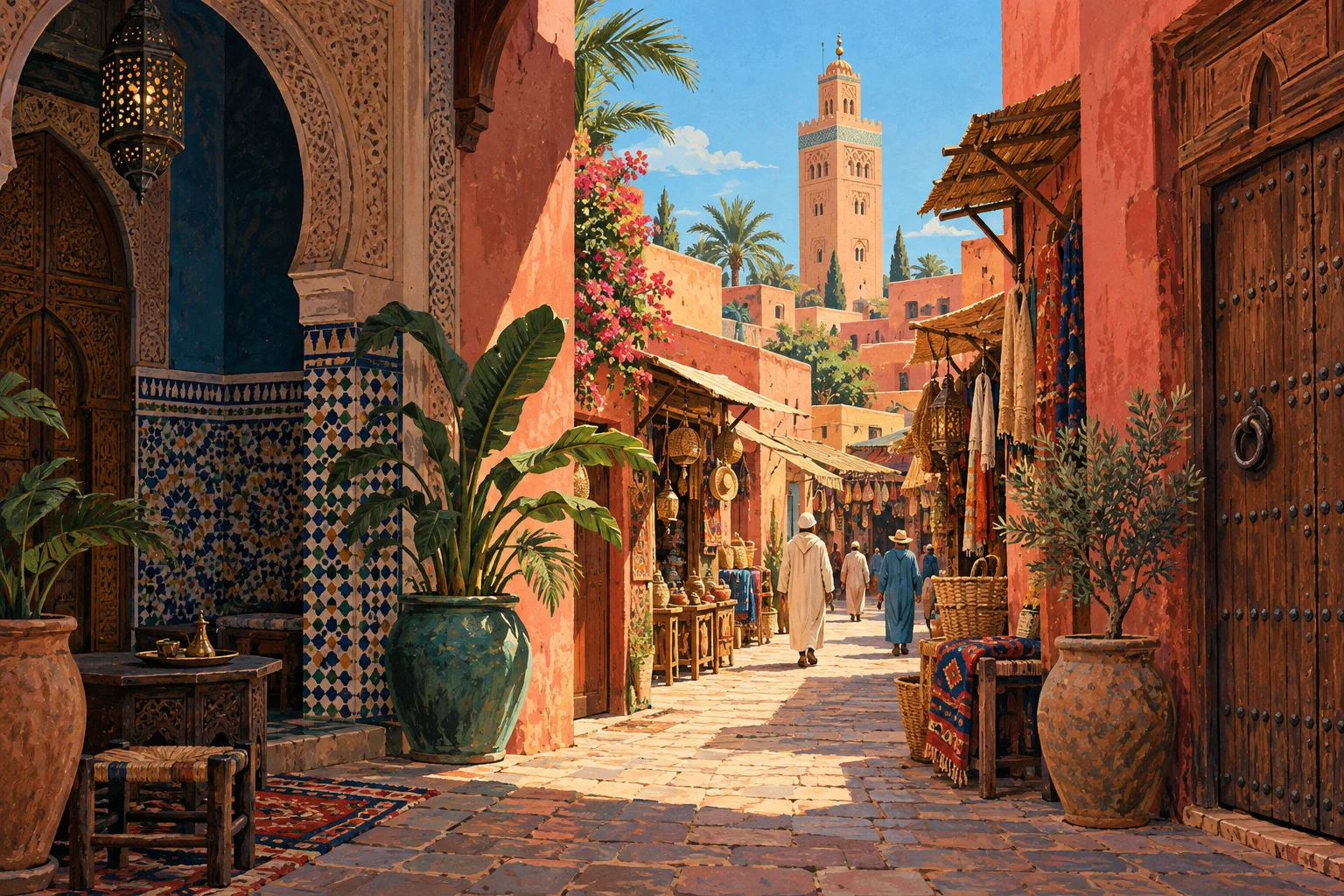 Illustration inspired by the Marrakech medina, with ornate doors and a market passage.