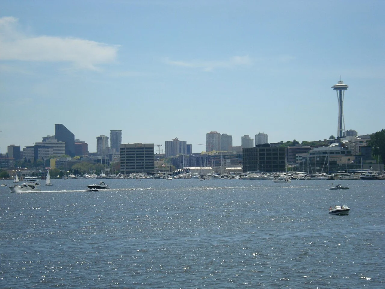 Gas Works Park üzerinden Lake Union ve Seattle silueti