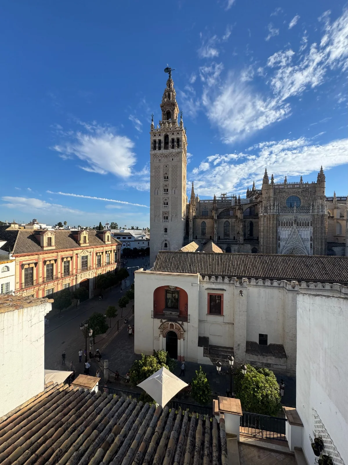 Sevilla Katedrali ve Giralda kulesinin mavi gökyüzü altındaki dış görünümü