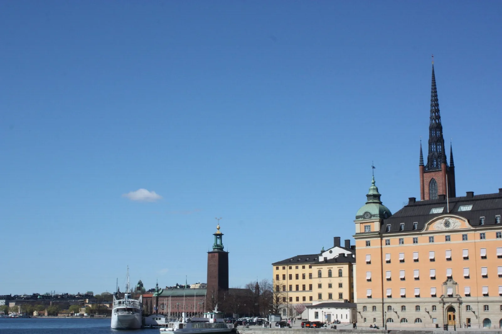 Historic buildings and the church spire on Stockholm’s Riddarholmen waterfront