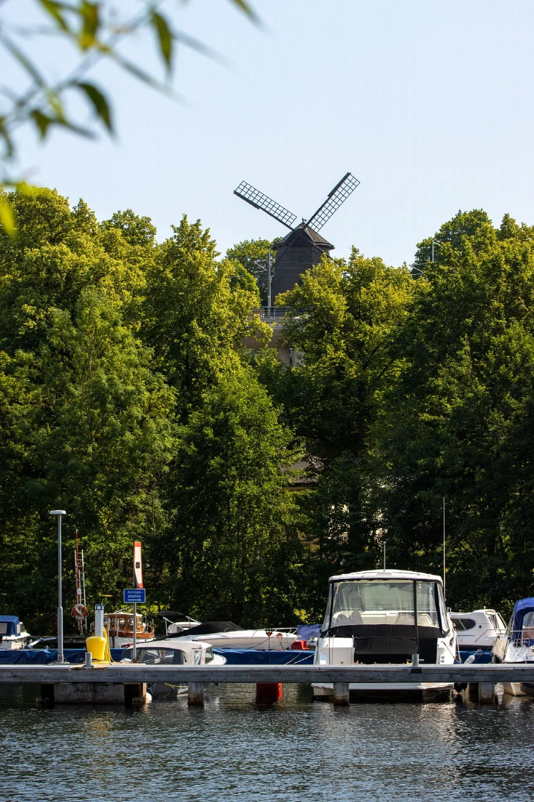 Stockholm Djurgården’de yel değirmeni ve kıyı; bölge bağlamıdır, kafe veya yemek servisi fotoğrafı değildir.