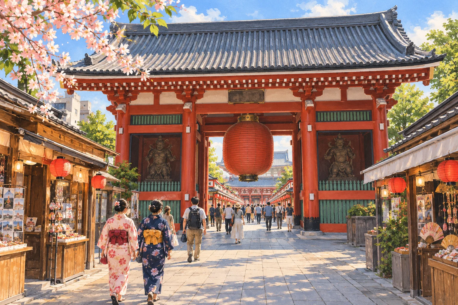 Asakusa'daki Sensoji çevresinin kırmızı kapılarından ilham alan Tokyo illüstrasyonu.