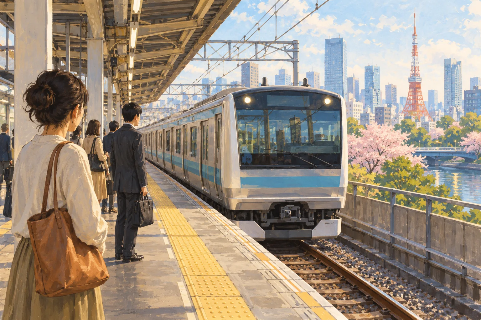Tokyo'da raylı ulaşımı temsil eden istasyon peronu ve tren illüstrasyonu.