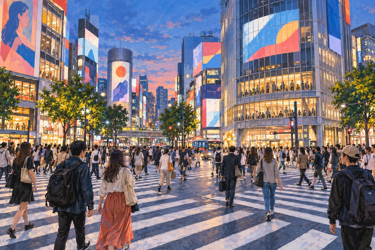 Shibuya'dan ilham alan yaya geçitleri, kent cepheleri ve kalabalık akışı illüstrasyonu.