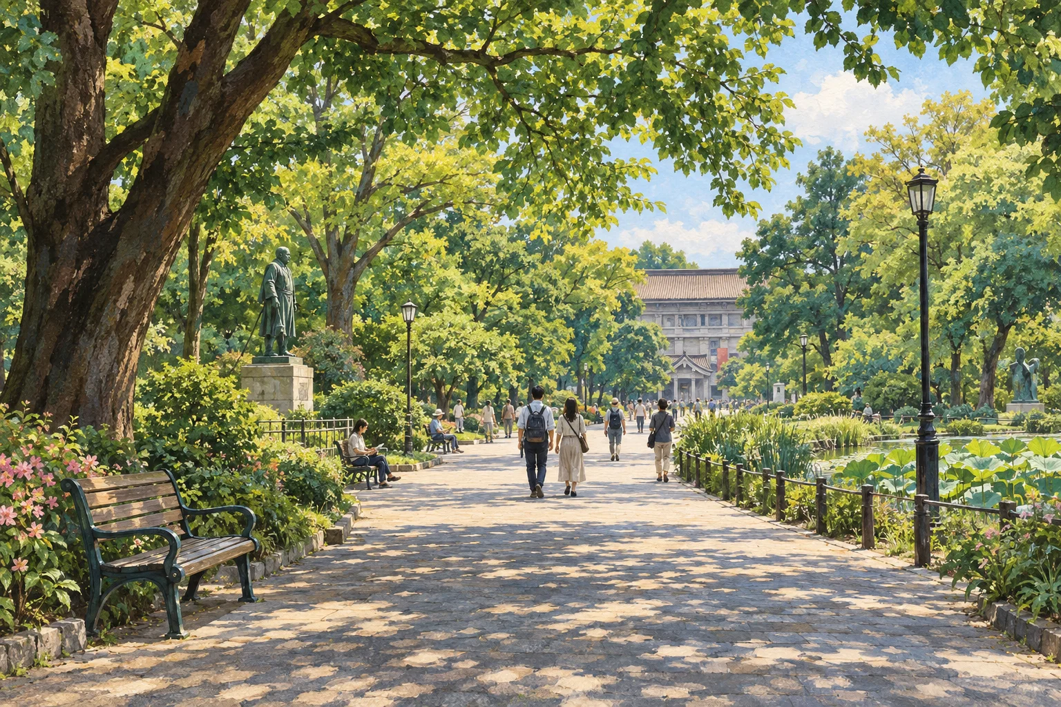 Ueno Parkı'ndan ilham alan ağaçlıklı yürüyüş yolu ve sakin kent parkı illüstrasyonu.