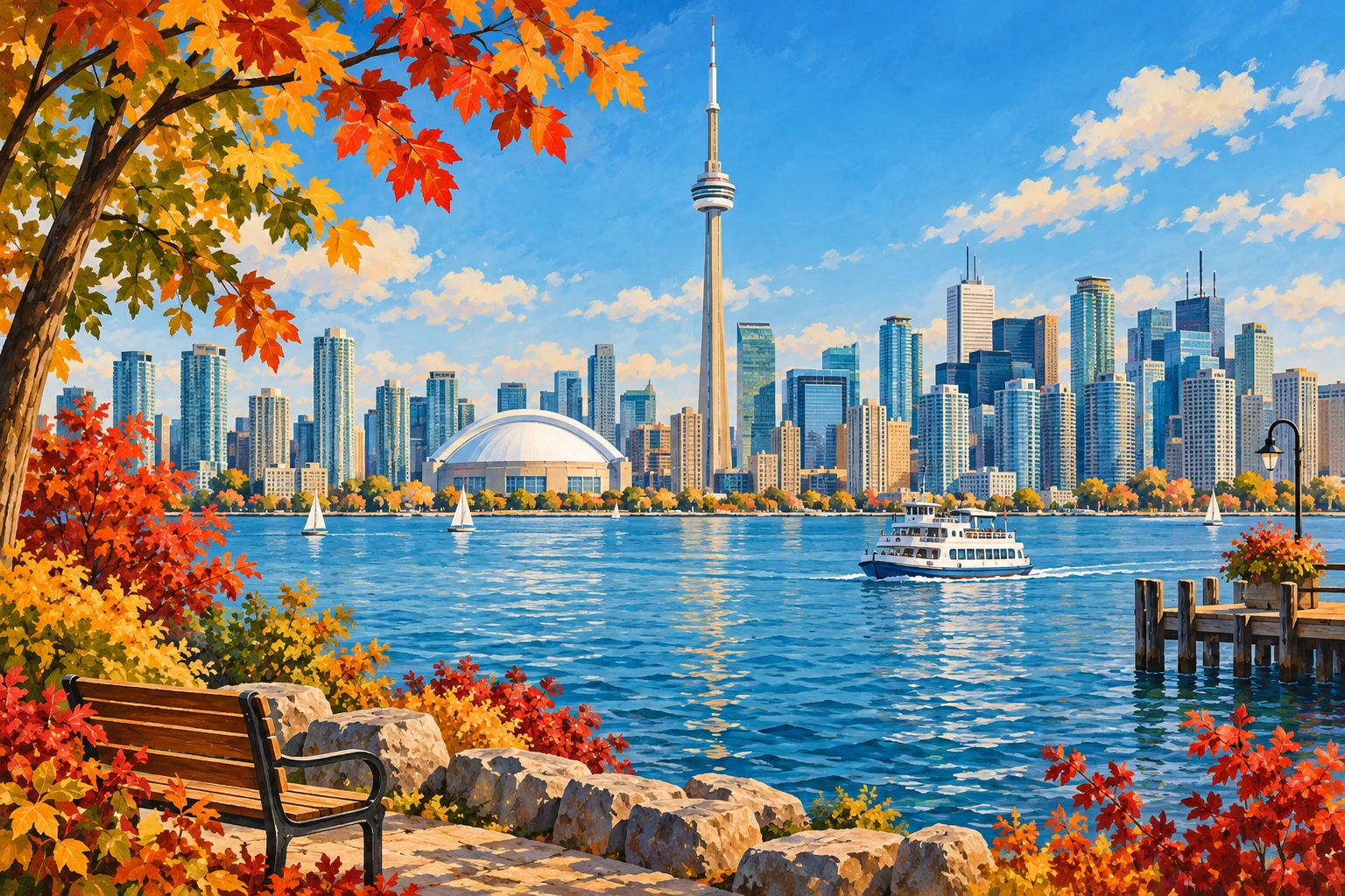 Colourful Toronto-inspired illustration with the CN Tower, lakeshore and a ferry.