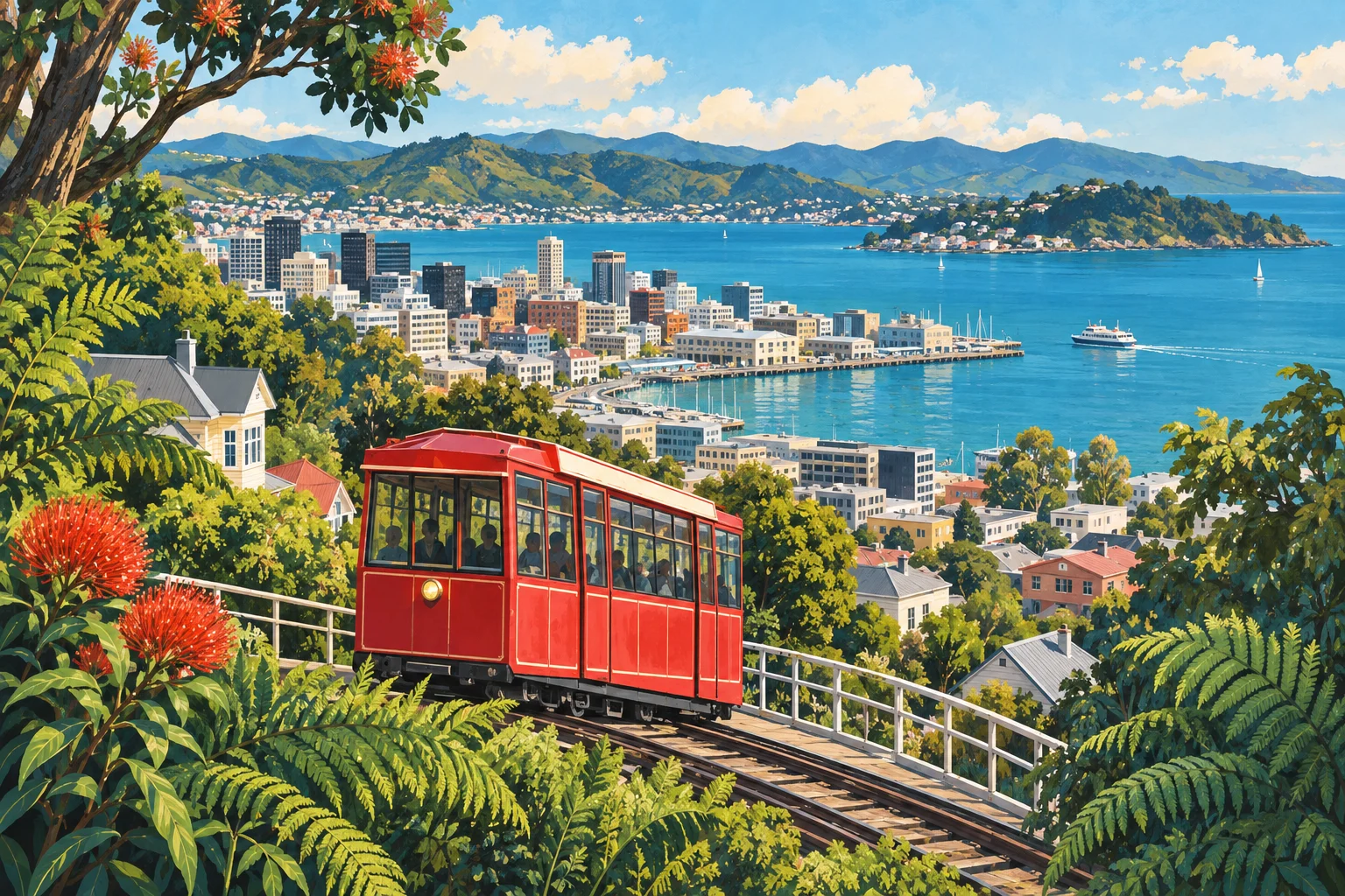 Wellington-inspired illustration with a red cable car, green hills and the harbour.